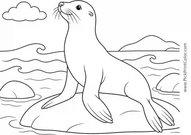 Sea Lion Resting Beside Gentle Waves printable black-and-white coloring page