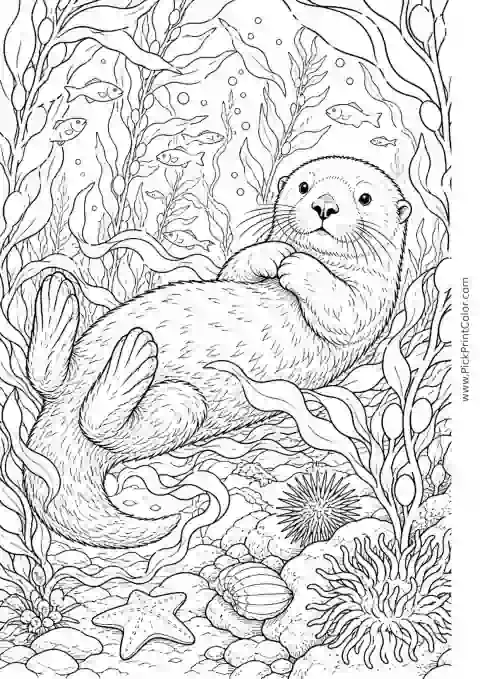 Sea Otter Floating in a Kelp Forest printable black-and-white coloring page