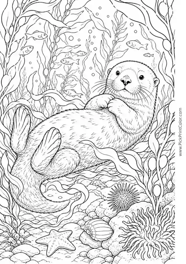 Sea Otter Floating in a Kelp Forest printable black-and-white coloring page