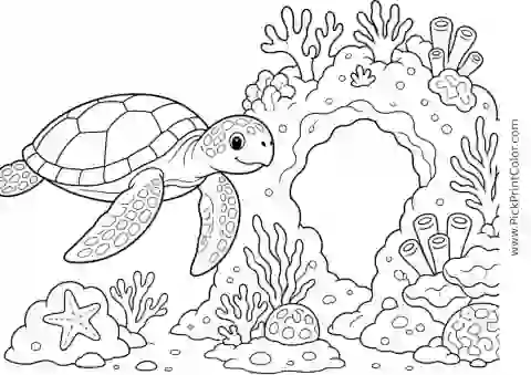 Sea Turtle beside a Coral Arch printable black-and-white coloring page