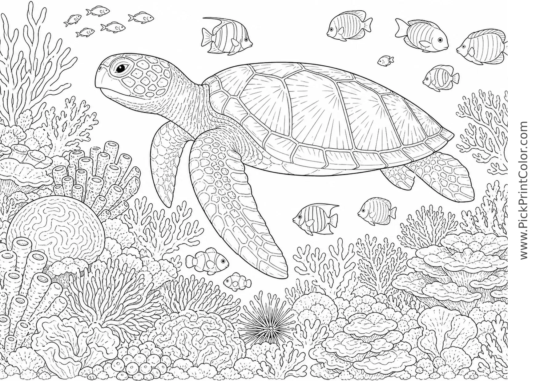 Sea Turtle Exploring a Detailed Coral Reef printable black-and-white coloring page