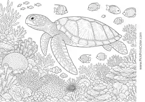 Sea Turtle Exploring a Detailed Coral Reef printable black-and-white coloring page