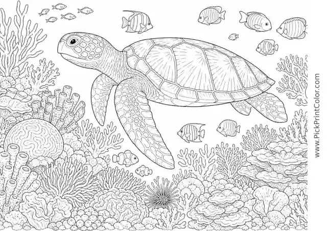 Sea Turtle Exploring a Detailed Coral Reef printable black-and-white coloring page