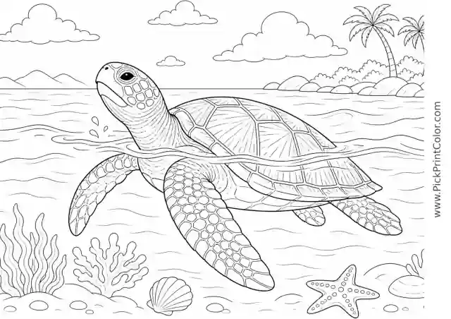 Sea Turtle Surfacing in Gentle Waves printable black-and-white coloring page