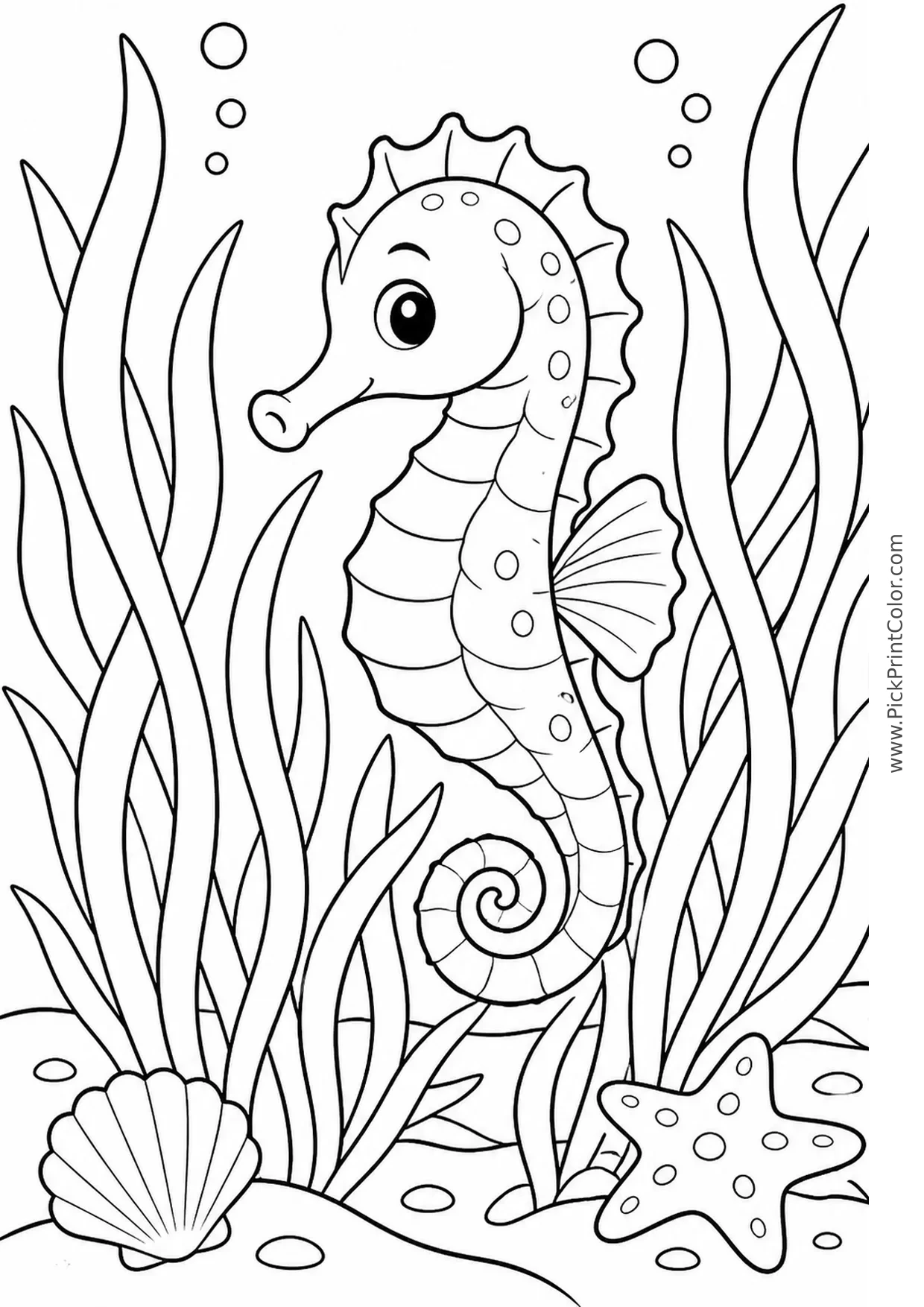 Seahorse in a Seagrass Garden printable black-and-white coloring page