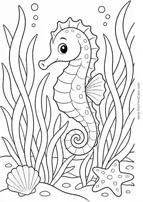 Seahorse in a Seagrass Garden printable black-and-white coloring page
