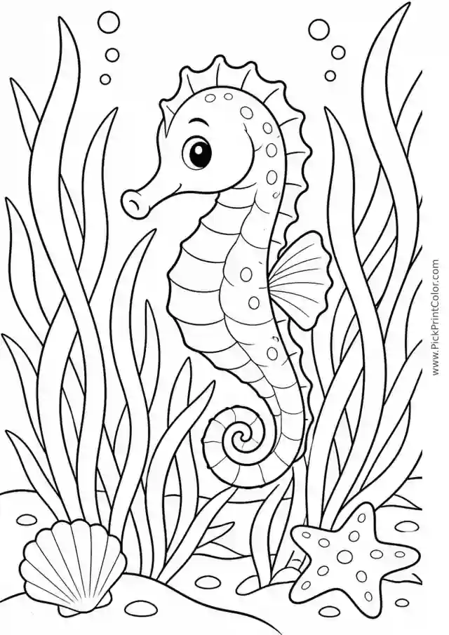 Seahorse in a Seagrass Garden printable black-and-white coloring page