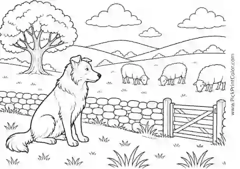 Sheepdog Watching a Calm Flock printable coloring page