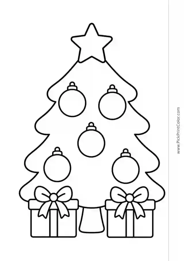 Simple Christmas Tree with Big Ornaments black-and-white printable coloring page