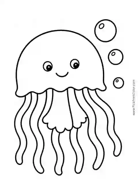 Simple Jellyfish with Three Bubbles printable black-and-white coloring page