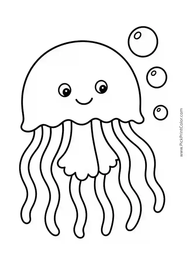 Simple Jellyfish with Three Bubbles printable black-and-white coloring page