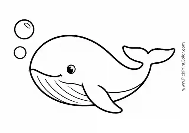 Simple Little Whale with Two Bubbles printable black-and-white coloring page