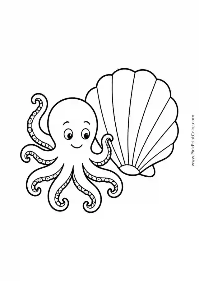 Simple Octopus with a Big Shell printable black-and-white coloring page