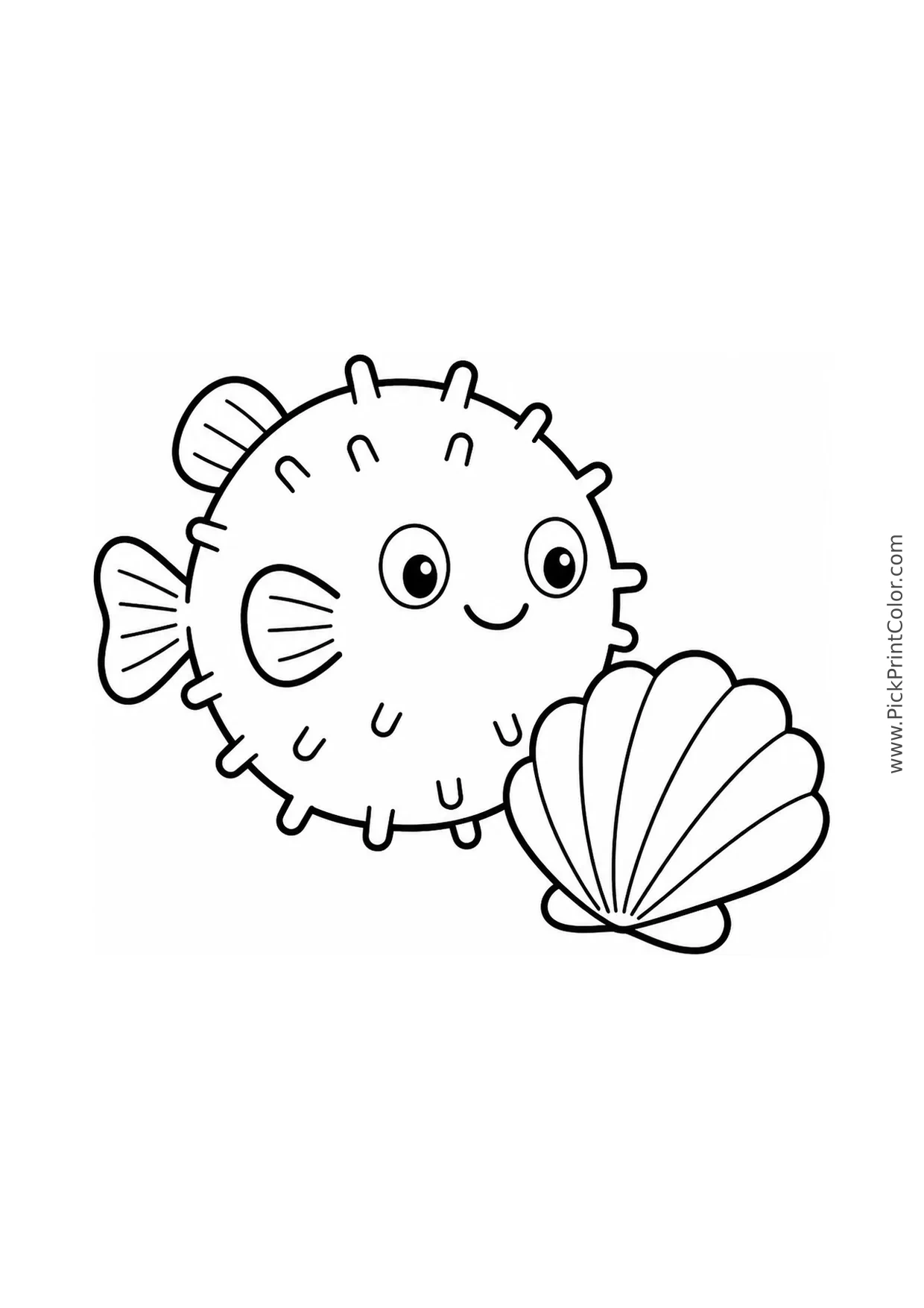 Simple Pufferfish beside a Shell printable black-and-white coloring page