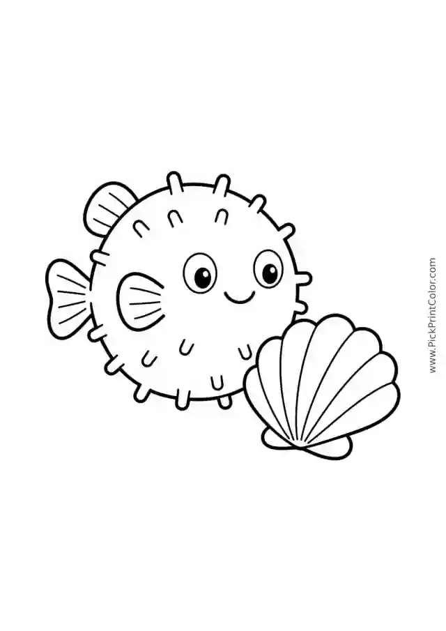 Simple Pufferfish beside a Shell printable black-and-white coloring page