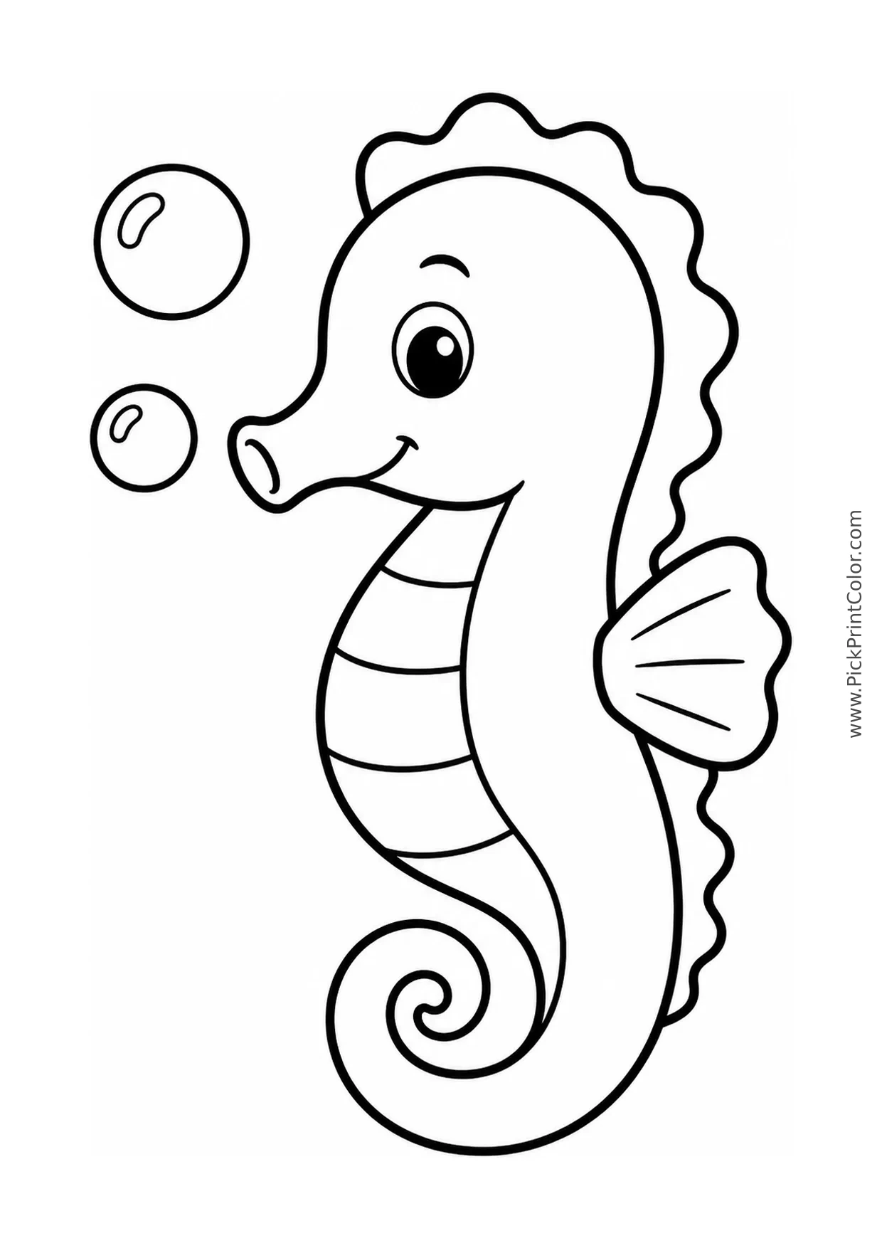 Simple Seahorse with Two Bubbles printable black-and-white coloring page