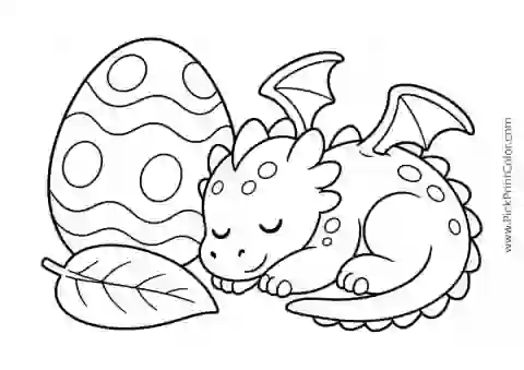Sleepy Dragon Beside a Large Egg black-and-white coloring page