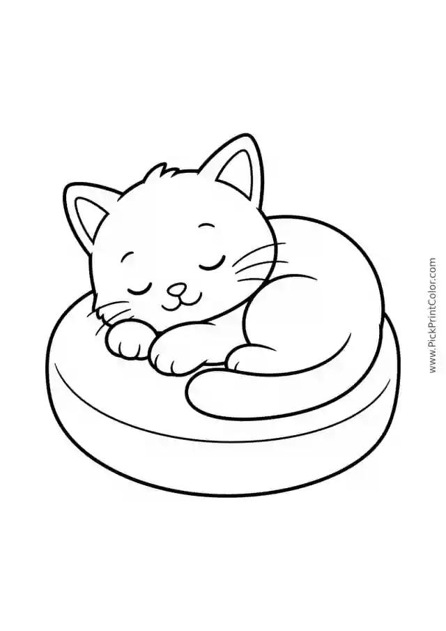 Sleepy Kitten on a Round Cushion printable coloring page