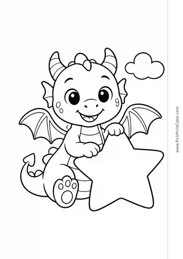 Smiling Baby Dragon with a Big Star black-and-white coloring page