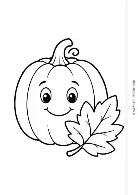 Smiling Halloween Pumpkin with a Big Leaf black-and-white printable coloring page