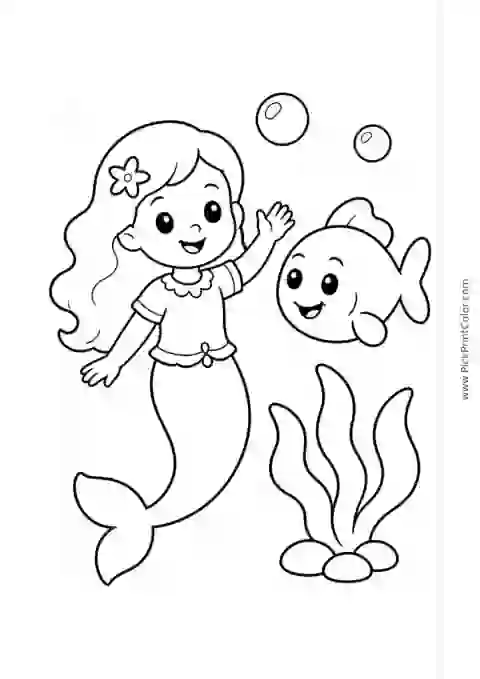 Smiling Mermaid with a Friendly Fish black-and-white coloring page