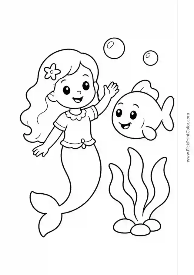 Smiling Mermaid with a Friendly Fish black-and-white coloring page