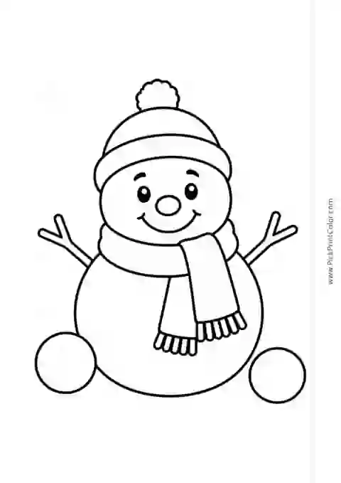 Smiling Snowman with a Big Scarf black-and-white printable coloring page