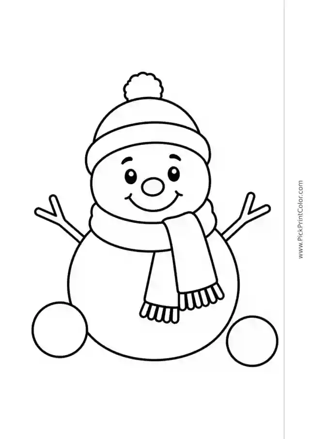 Smiling Snowman with a Big Scarf black-and-white printable coloring page