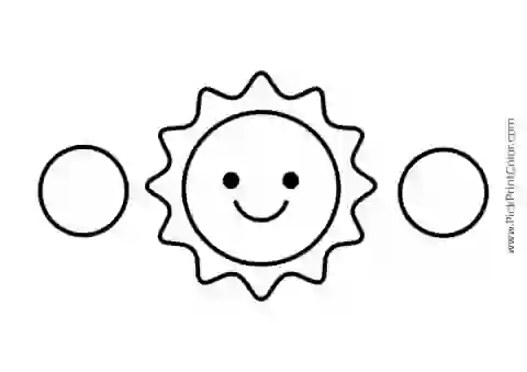 Smiling Sun with Two Big Planets black-and-white printable coloring page