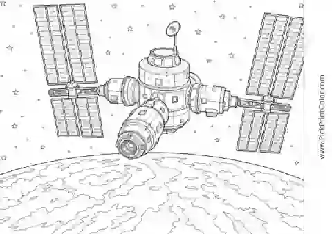 Space Station Orbiting Earth black-and-white printable coloring page