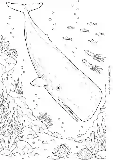 Sperm Whale Descending through Deep Water printable black-and-white coloring page