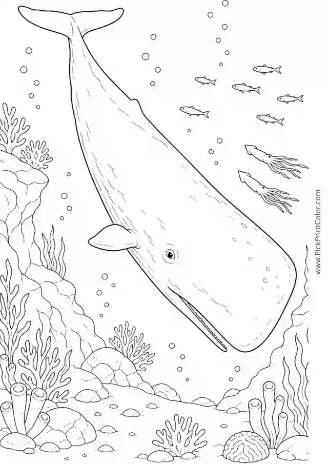 Sperm Whale Descending through Deep Water printable black-and-white coloring page