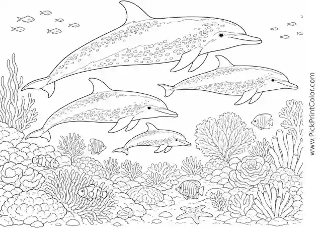 Spinner Dolphins above a Deep-Ocean Reef printable black-and-white coloring page