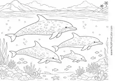 Spotted Dolphin Pod Crossing Clear Water printable black-and-white coloring page