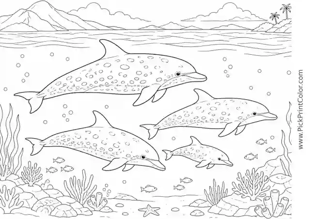 Spotted Dolphin Pod Crossing Clear Water printable black-and-white coloring page