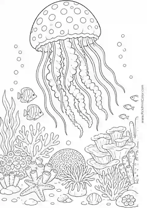 Spotted Jellyfish above a Reef printable black-and-white coloring page