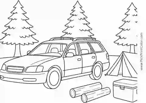 Station Wagon at a Forest Campsite black-and-white printable coloring page