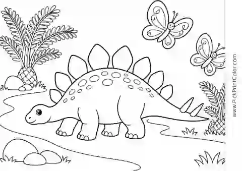 Stegosaurus Following Butterflies black-and-white dinosaur coloring page