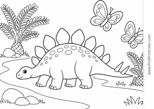 Stegosaurus Following Butterflies black-and-white dinosaur coloring page