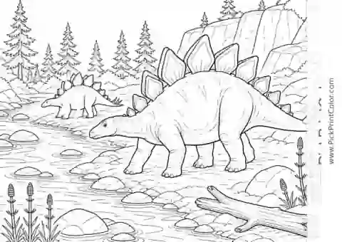 Stegosaurus Herd Beside a Rocky River black-and-white dinosaur coloring page