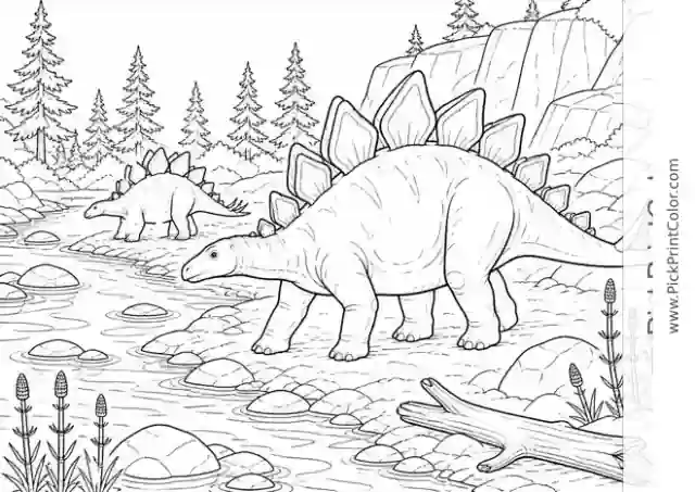 Stegosaurus Herd Beside a Rocky River black-and-white dinosaur coloring page