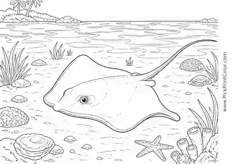 Stingray Crossing a Shallow Lagoon printable black-and-white coloring page
