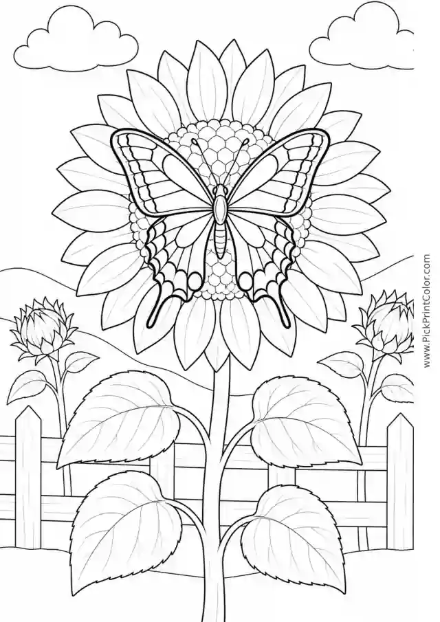 Swallowtail Butterfly on a Sunflower printable coloring page