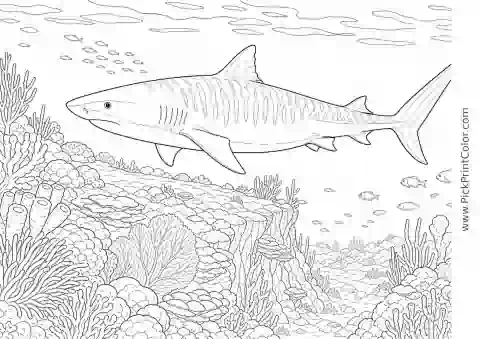 Tiger Shark over a Coral Drop-Off printable black-and-white coloring page