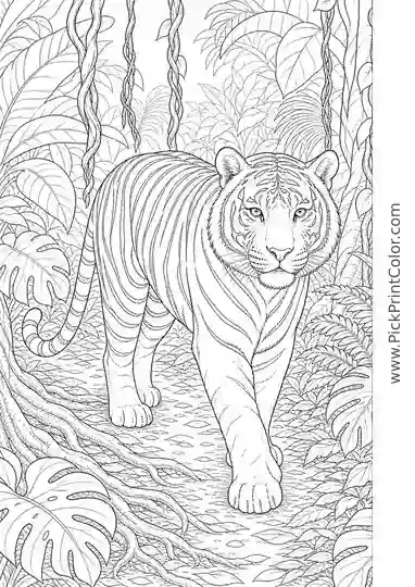 Tiger Walking Through the Rainforest printable coloring page