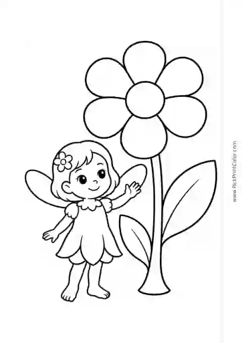 Tiny Fairy with a Giant Flower black-and-white coloring page