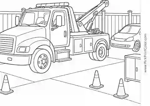 Tow Truck in an Outdoor Service Yard black-and-white printable coloring page