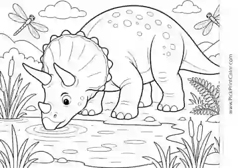 Triceratops at a Calm Watering Hole black-and-white dinosaur coloring page