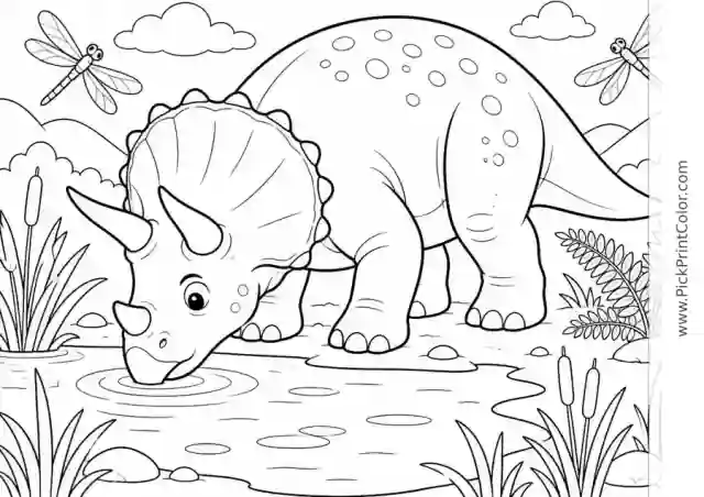 Triceratops at a Calm Watering Hole black-and-white dinosaur coloring page