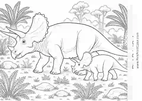 Triceratops Parent and Calf in a Fern Meadow black-and-white dinosaur coloring page